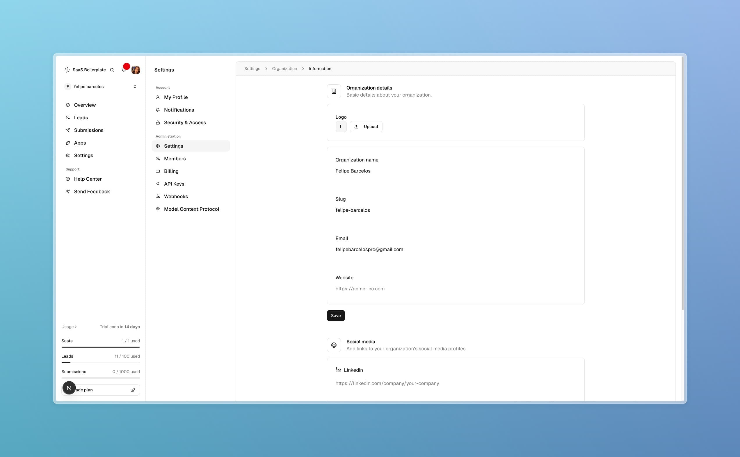 Página de informações da organização, com opções de marca e personalização.