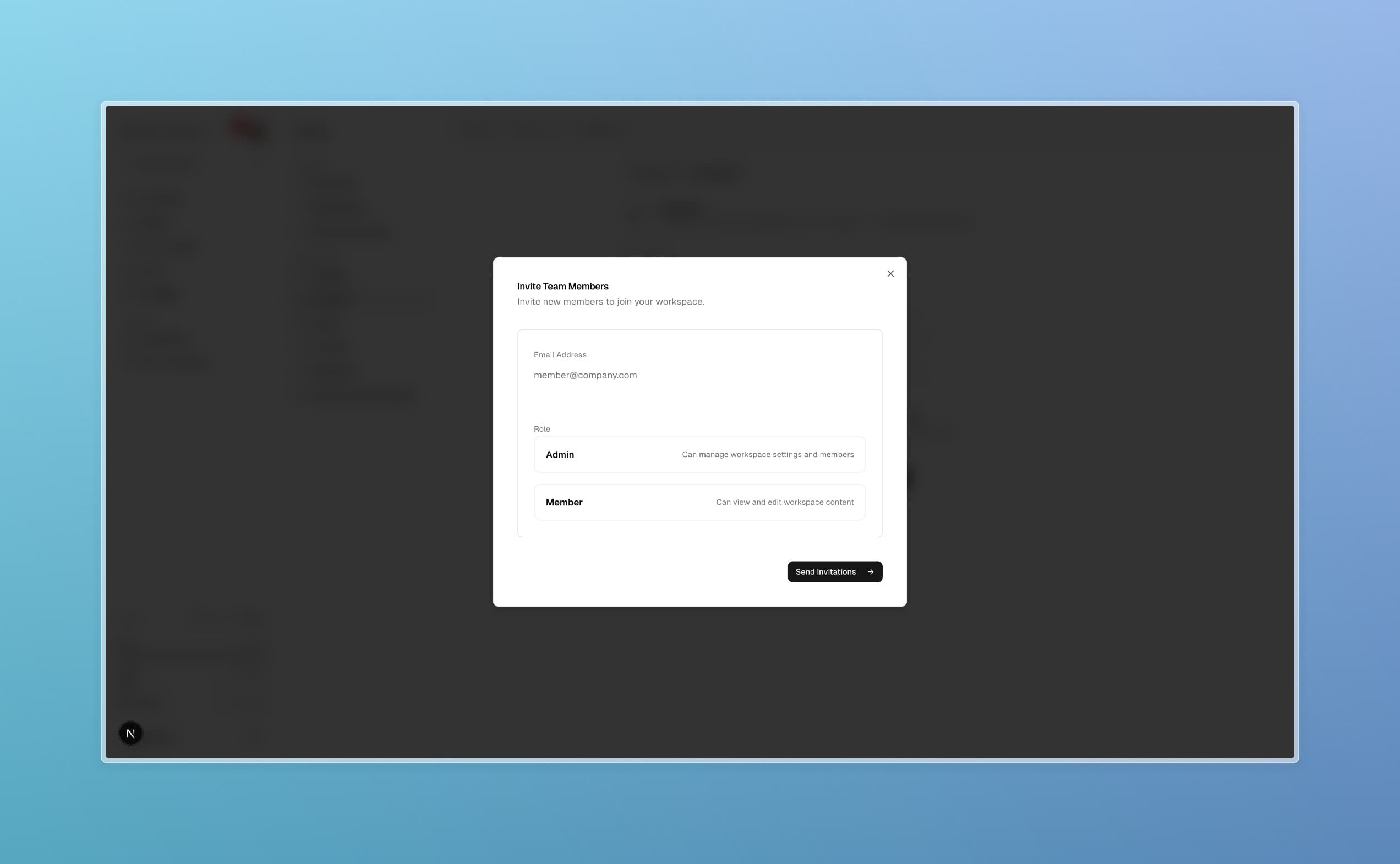Página de membros da organização, onde é possível visualizar os membros atuais e enviar novos convites.