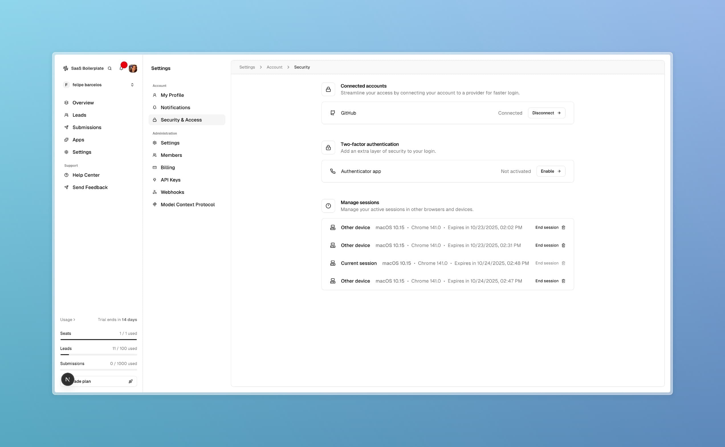 Página de Segurança e acesso com configurações de segurança e gerenciamento de sessões.