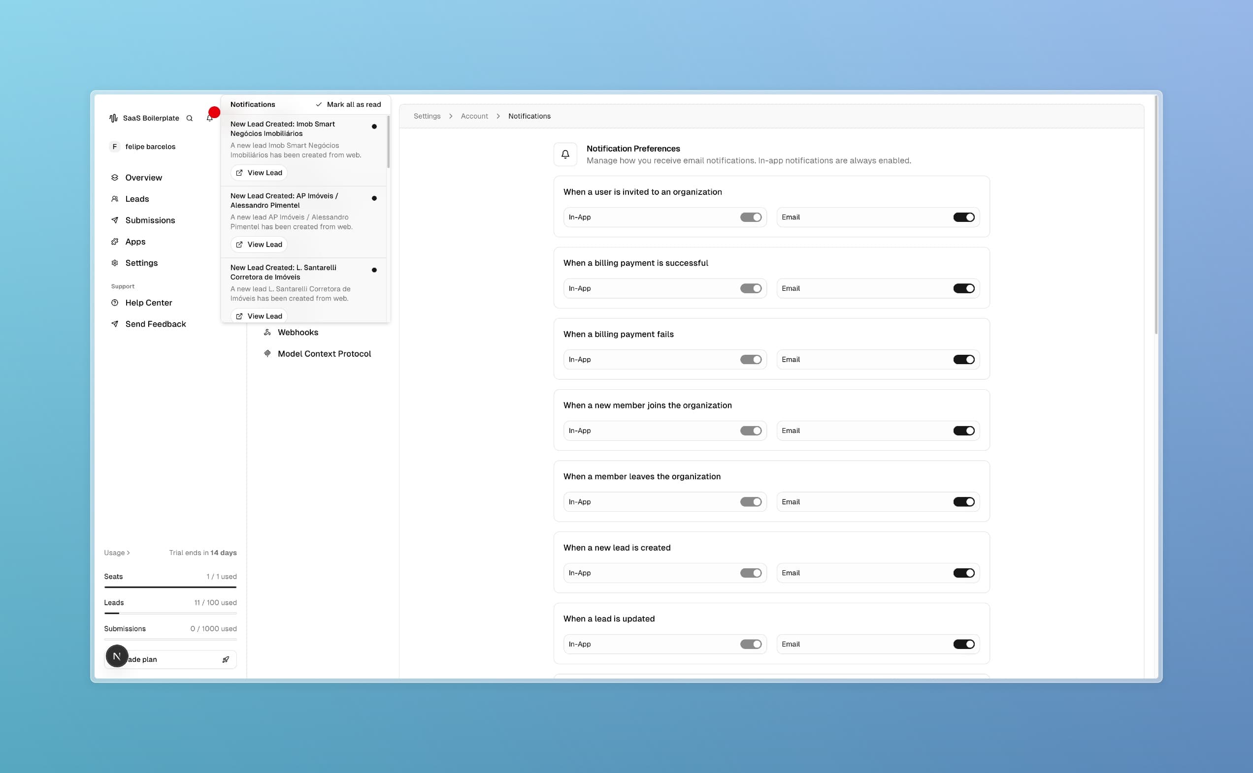 Página de notificações com preferências para comunicações transacionais e novidades.